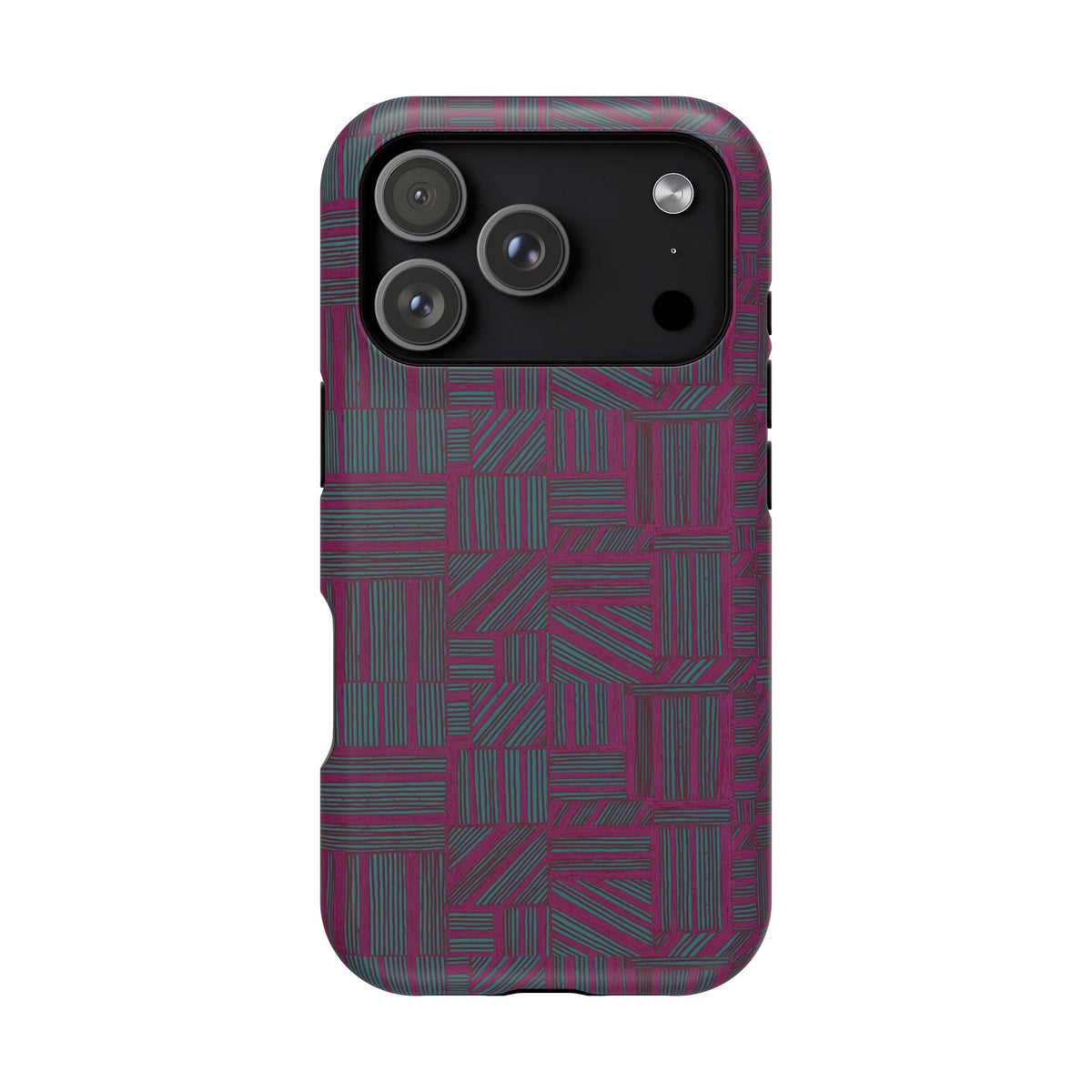 Slim Protective Phone Case With MagSafe, Dual-Layer Impact Protection, Plum Geometric Design, side profile with protected buttons and slim edges; slim protective iphone 16 promax  case.