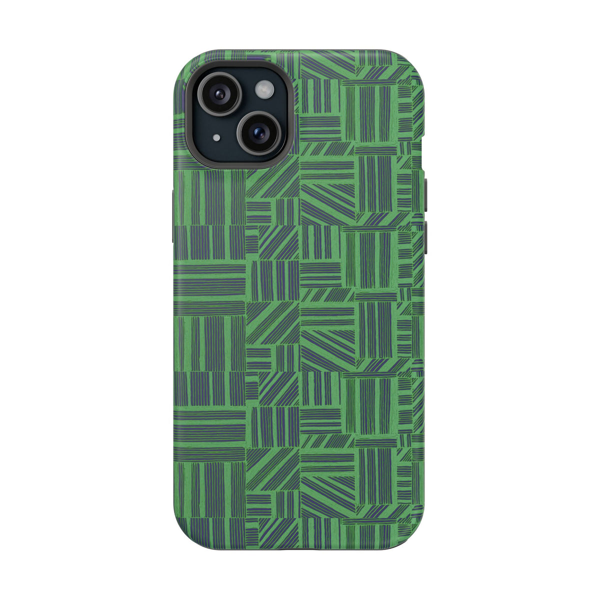 Green Magnetic Phone Case — 2-Layer Geometric MagSafe-Compatible Impact-Resistant Cover, green magnetic phone case- price match with CASETiFY and Casely, close rear view of green geometric design.