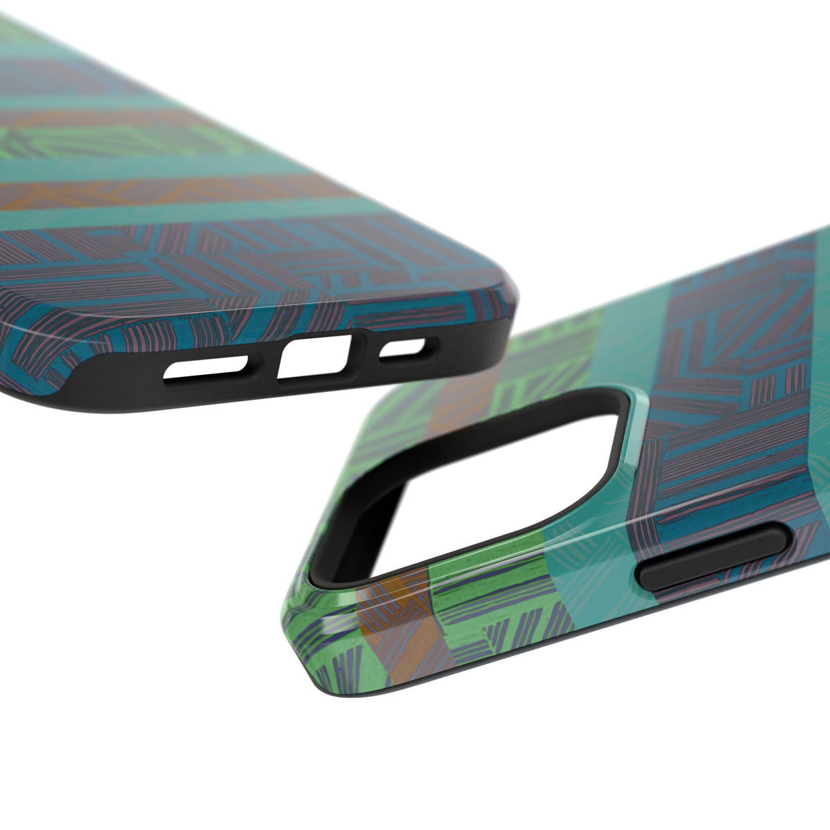 Green Geometric Stripe Phone Case — Impact-Resistant, wireless charging iphone 16 pro max case with a large raised camera surround.