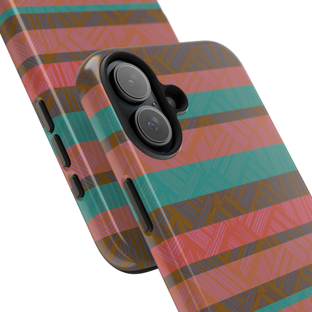 Striped Tribal Tough Phone Case — Retro Teal & Coral Protective Cover close-up showing precise side controls and camera protection on a fractyl shockproof iphone 17 pro case