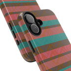 Striped Tribal Tough Phone Case — Retro Teal & Coral Protective Cover close-up showing precise side controls and camera protection on a fractyl shockproof iphone 17 pro case