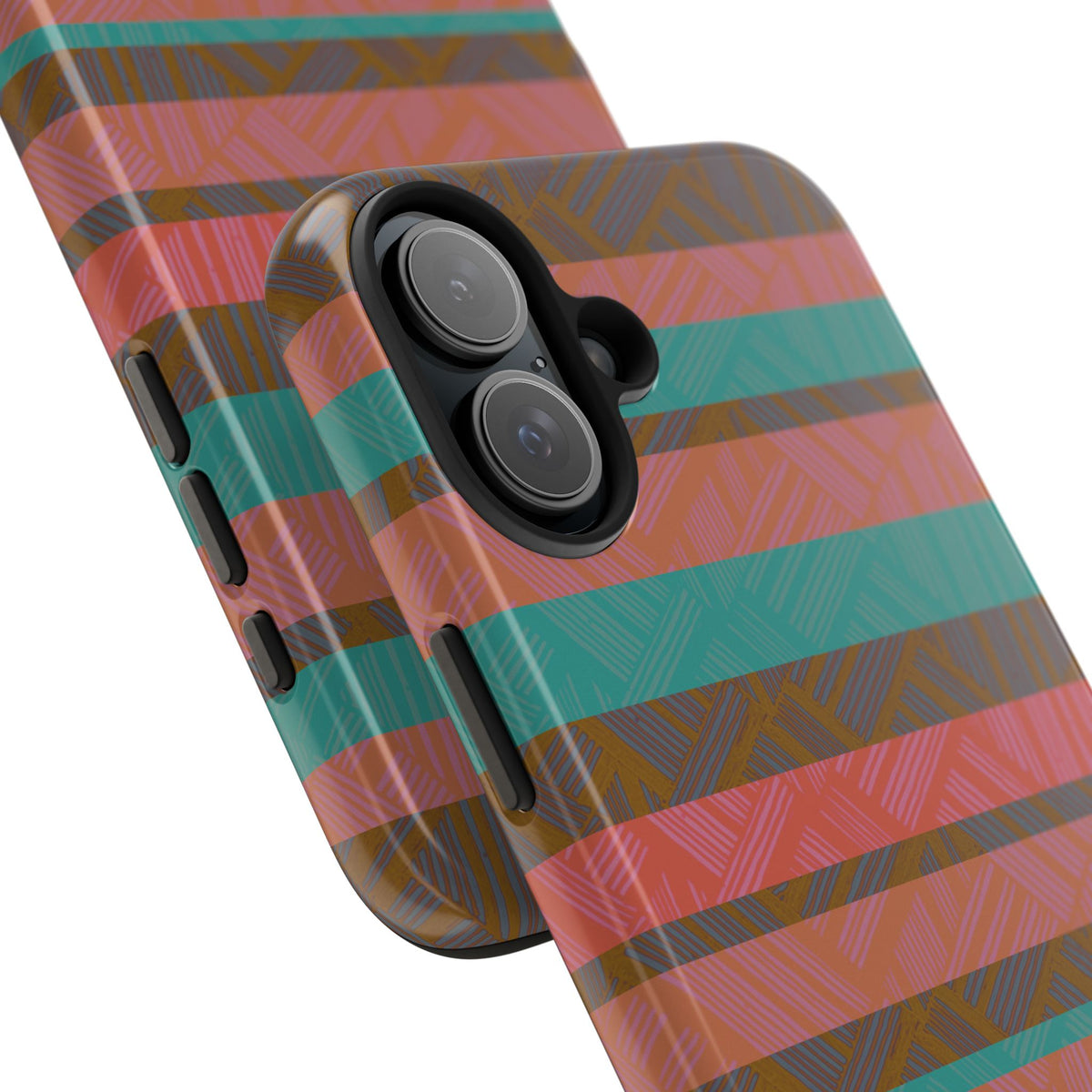 Striped Tribal Tough Phone Case — Retro Teal & Coral Protective Cover close-up showing precise side controls and camera protection on a fractyl shockproof iphone 17 pro case
