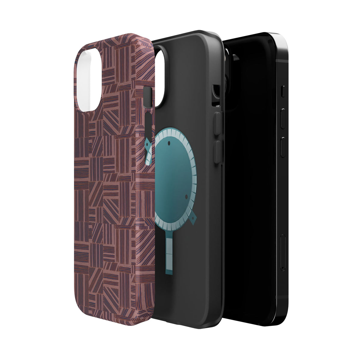 MagSafe Impact Resistant Phone Case - Geometric Brown Pattern, Dual-Layer Protection, side profile with button access; impact resistant iphone 17 pro max case