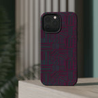 Slim Protective Phone Case With MagSafe, Dual-Layer Impact Protection, Plum Geometric Design, close-up of reinforced case edges and charging port openings; slim protective iphone 16 promax  case.