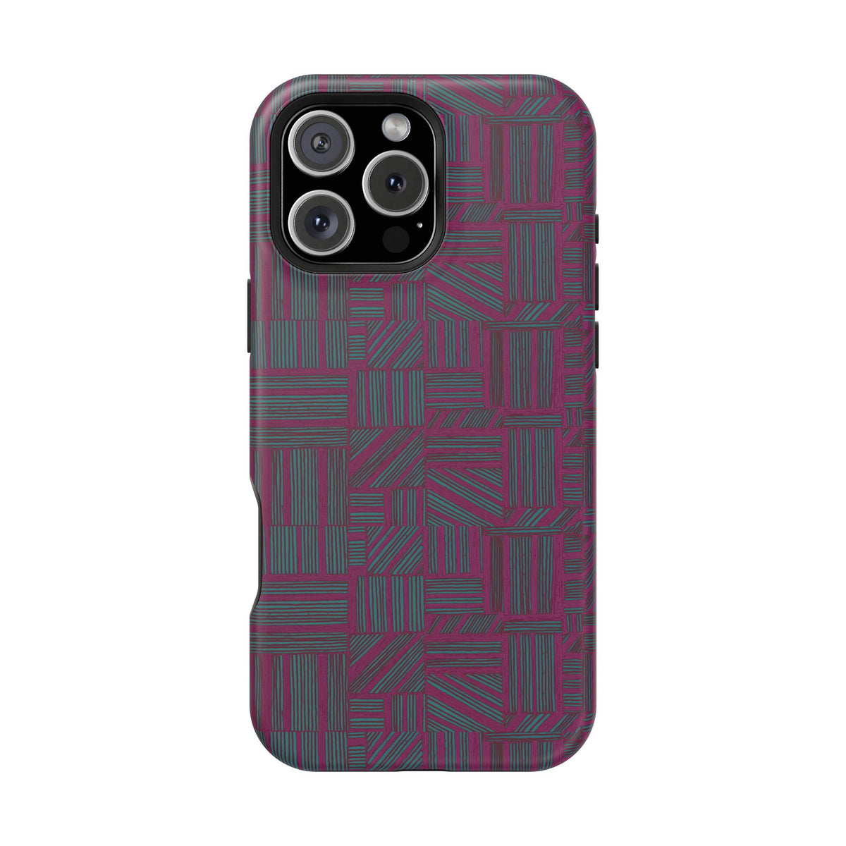 Slim Protective Phone Case With MagSafe, Dual-Layer Impact Protection, Plum Geometric Design, fitted around a triple-camera phone with raised camera protection; slim protective iphone 16 promax  case.