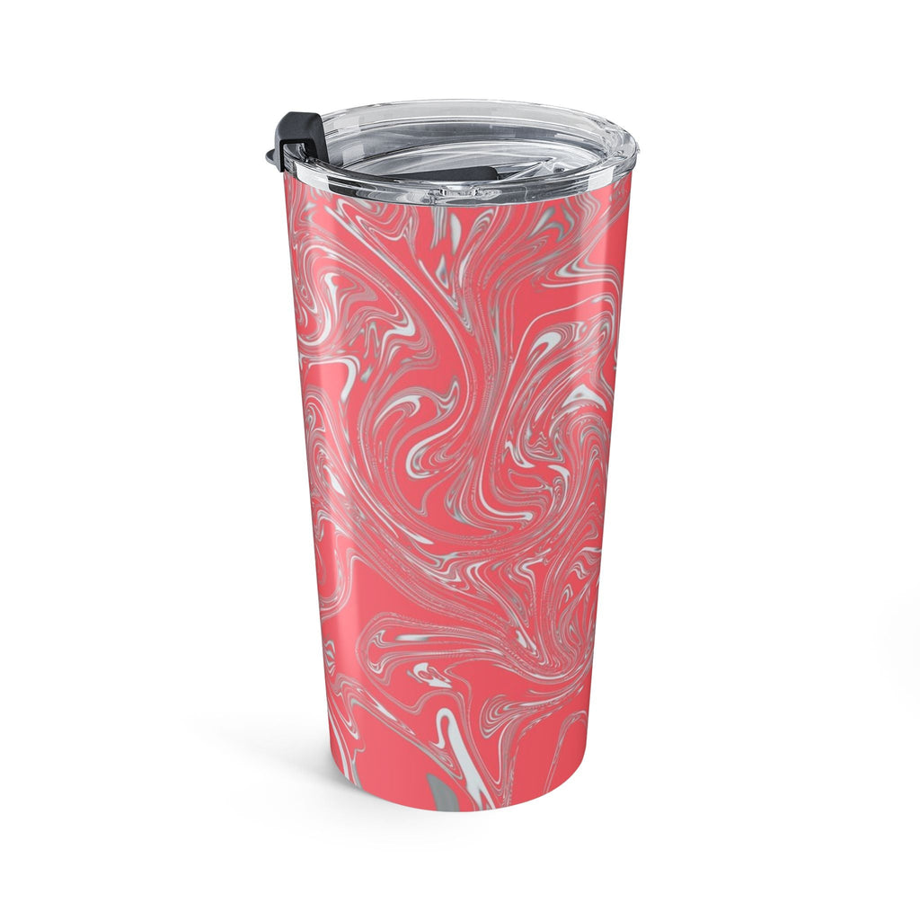 Stylish 20oz Coral Marble Tumbler with a clear push-on lid, designed for spill reduction and maintaining drink temperature during commutes.