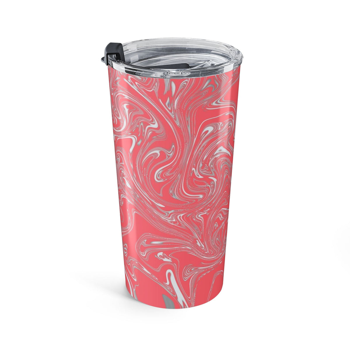 Stylish 20oz Coral Marble Tumbler with a clear push-on lid, designed for spill reduction and maintaining drink temperature during commutes.