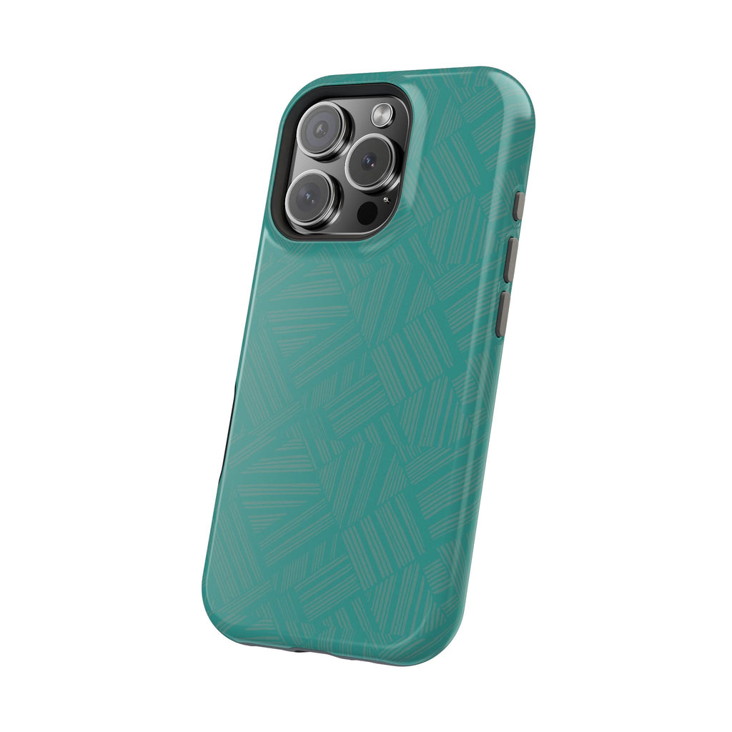 Magnetic Impact-Resistant Phone Case — Teal Geometric Protective Cover, magnetic iphone 18 pro case triple-camera angled view