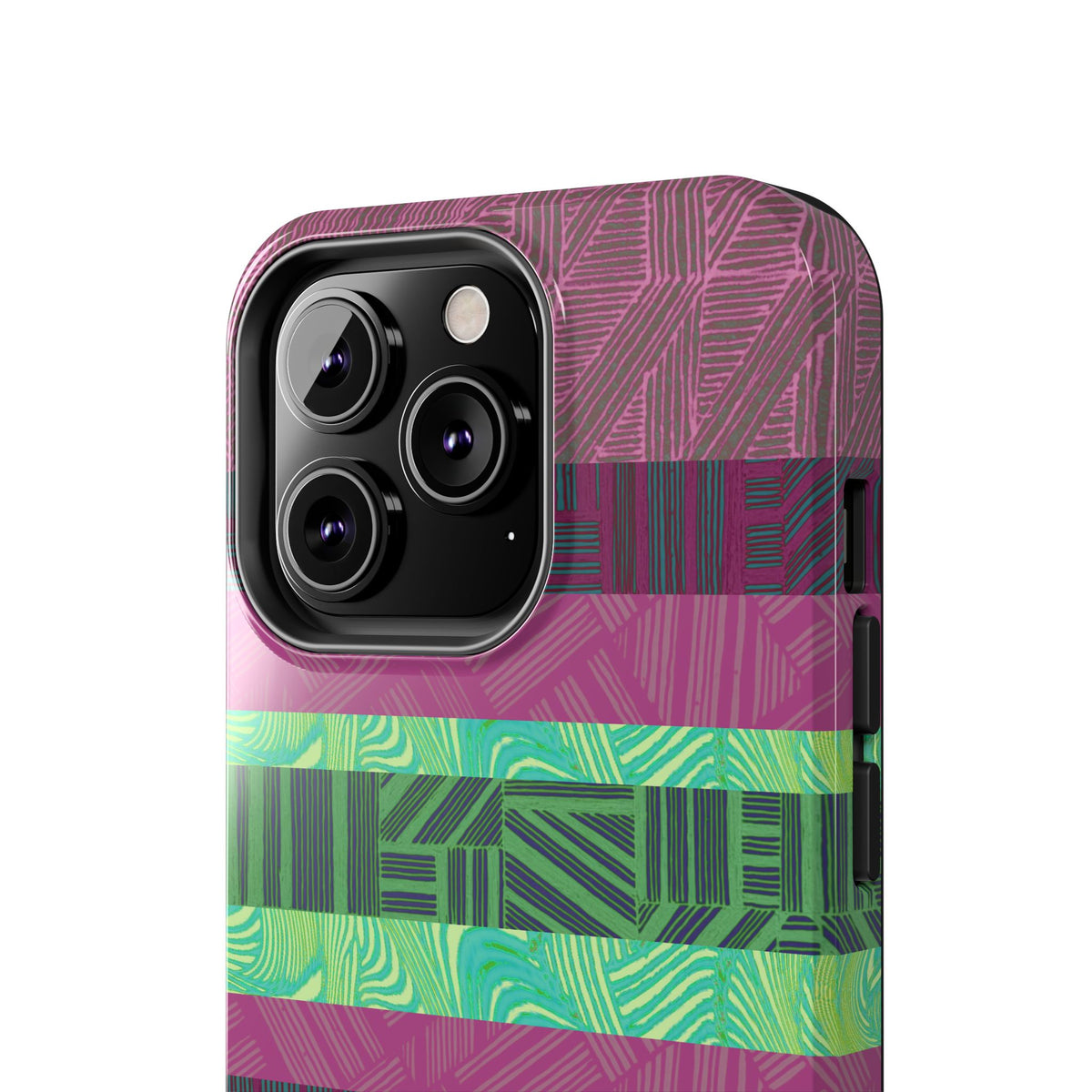 Fractyl glossy protective iphone 18 pro max case, Geometric Stripes Tough Phone Case — Purple & Teal Tribal Pattern, detailed purple and teal pattern close-up