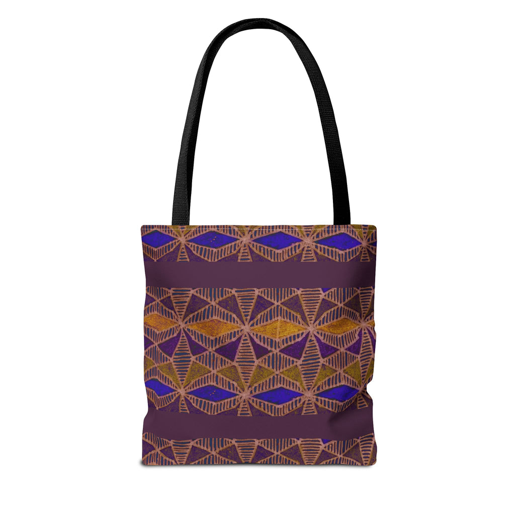 Bohemian Geometric Pattern Tote Bag — Purple & Gold All-Over Print, black-handle printed canvas tote shown front-facing