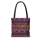 Bohemian Geometric Pattern Tote Bag — Purple & Gold All-Over Print, black-handle printed canvas tote shown front-facing