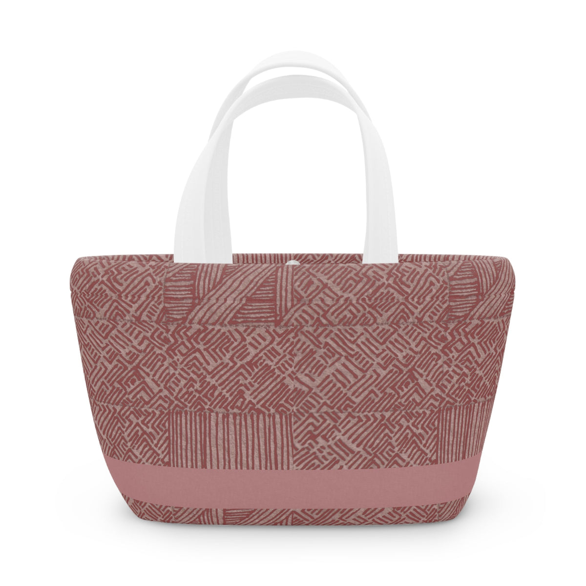 Insulated Geometric Pattern Lunch Bag — Dusty Rose Tote for Work & School. An effortlessly chic insulated lunch bag designed for everyday use, this pretty pink lunch tote ensures your meals stay fresh. A fantastic choice for anyone looking for a boho lunch bag or work lunch bag.