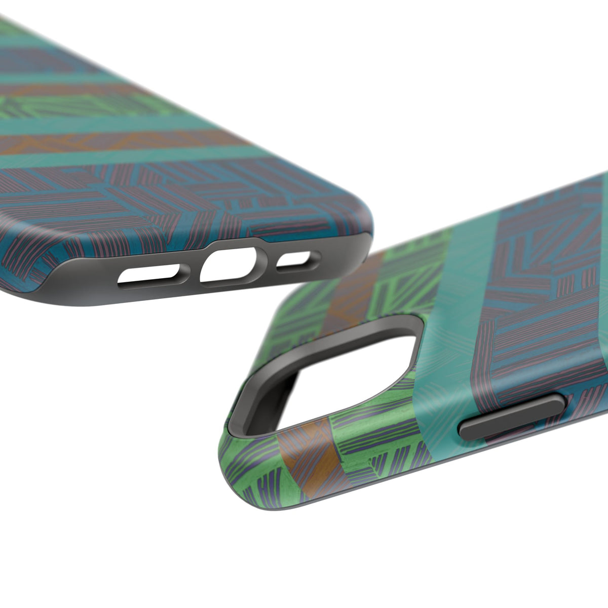 Green Geometric Stripe Phone Case — Impact-Resistant, wireless charging iphone 16 pro max case close-up featuring teal bands and green linear motifs.