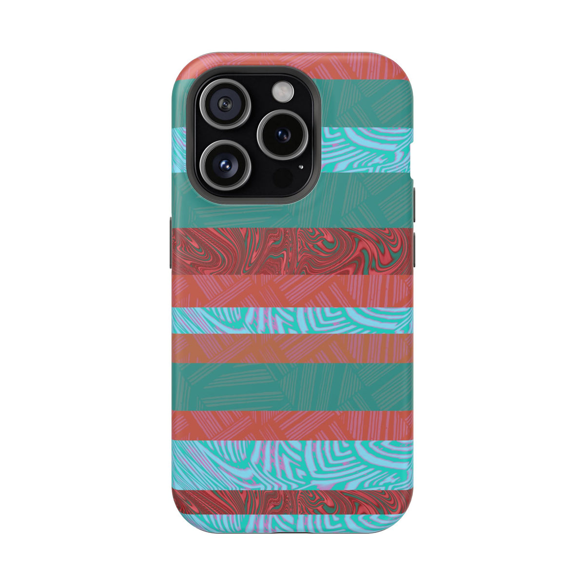 Striped Teal & Coral Magnetic Impact Phone Case protective shell shown from behind, Fractyl magsafe compatible iphone 18 pro max case