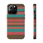 Striped Tribal Tough Phone Case — Retro Teal & Coral Protective Cover showing the glossy striped fractyl shockproof iphone 17 pro case from front and side