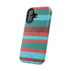 Striped Teal & Coral Magnetic Impact Phone Case angled rear view for dual cameras, Fractyl magsafe compatible iphone 18 pro max case