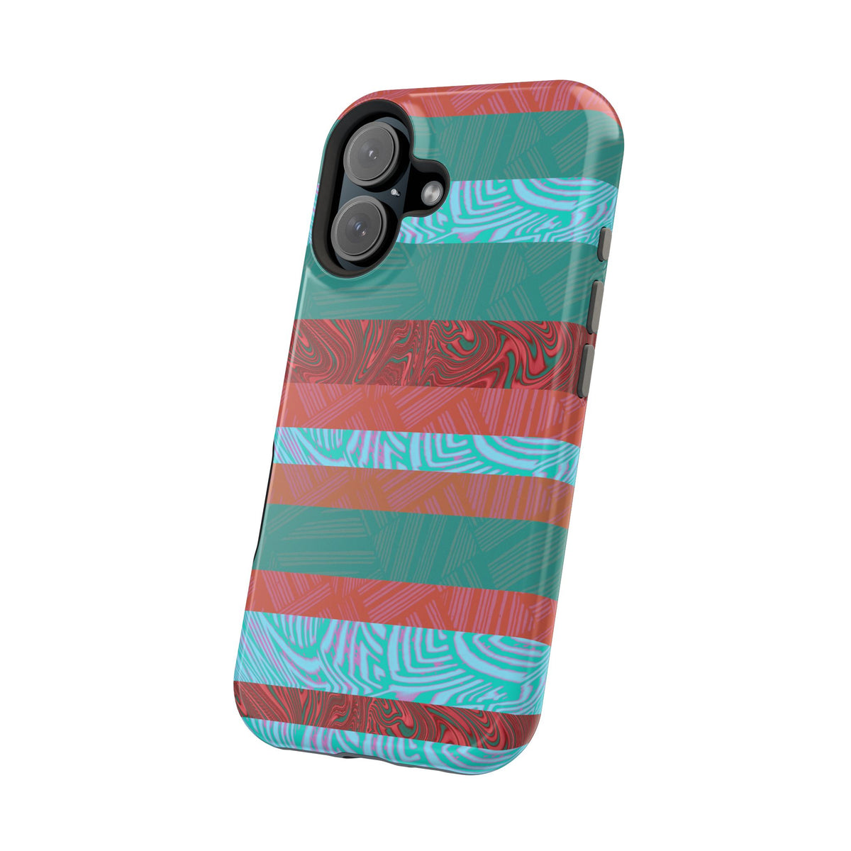 Striped Teal & Coral Magnetic Impact Phone Case angled rear view for dual cameras, Fractyl magsafe compatible iphone 18 pro max case