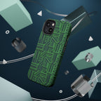 Green Magnetic Phone Case — 2-Layer Geometric MagSafe-Compatible Impact-Resistant Cover, green magnetic phone case- price match with CASETiFY and Casely, macro view of green geometric print and raised edges.