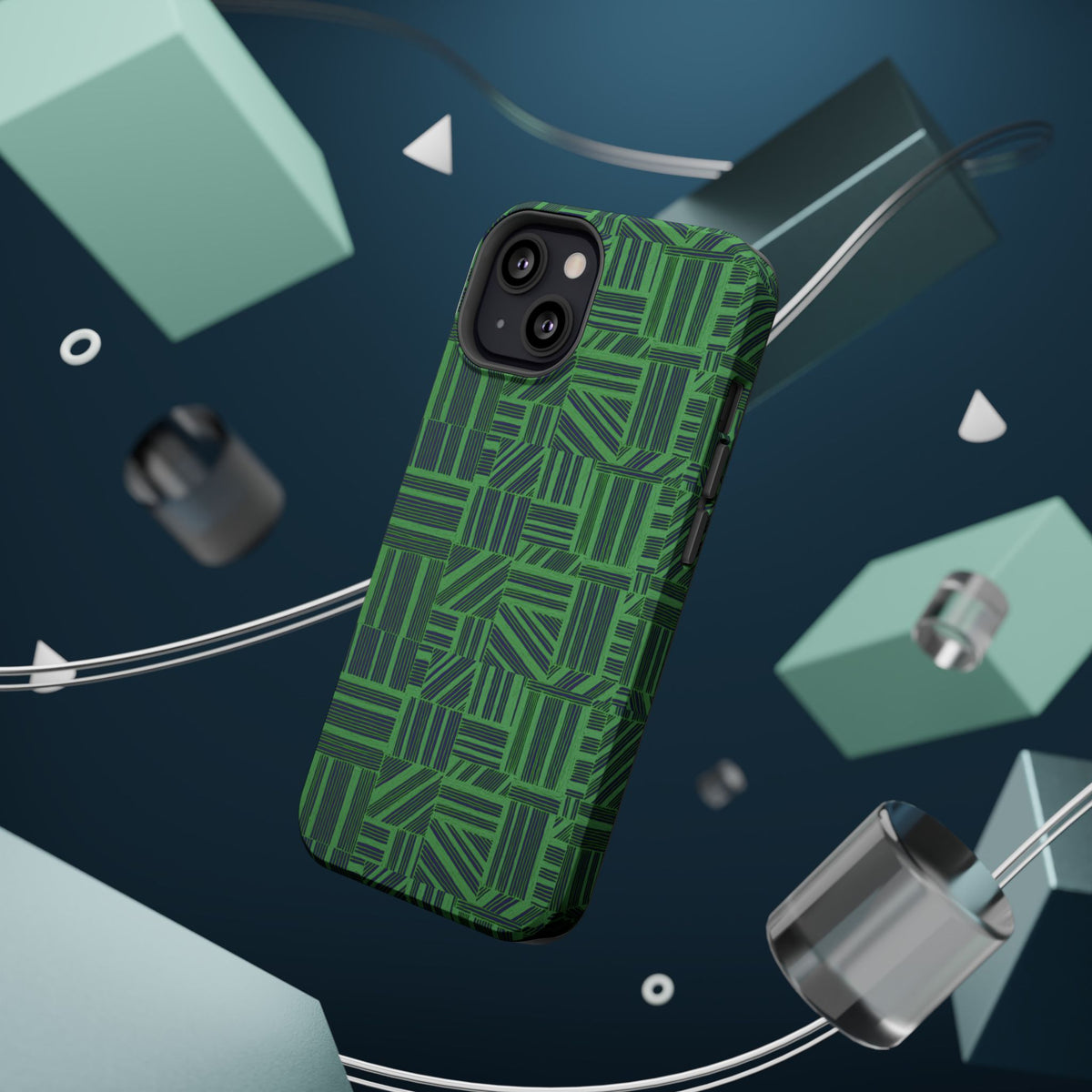 Green Magnetic Phone Case — 2-Layer Geometric MagSafe-Compatible Impact-Resistant Cover, green magnetic phone case- price match with CASETiFY and Casely, macro view of green geometric print and raised edges.
