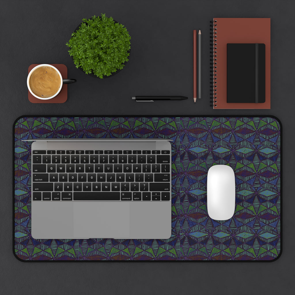 Striped Geometric Desk Mat — Dark Green & Navy Patterned Workspace Pad