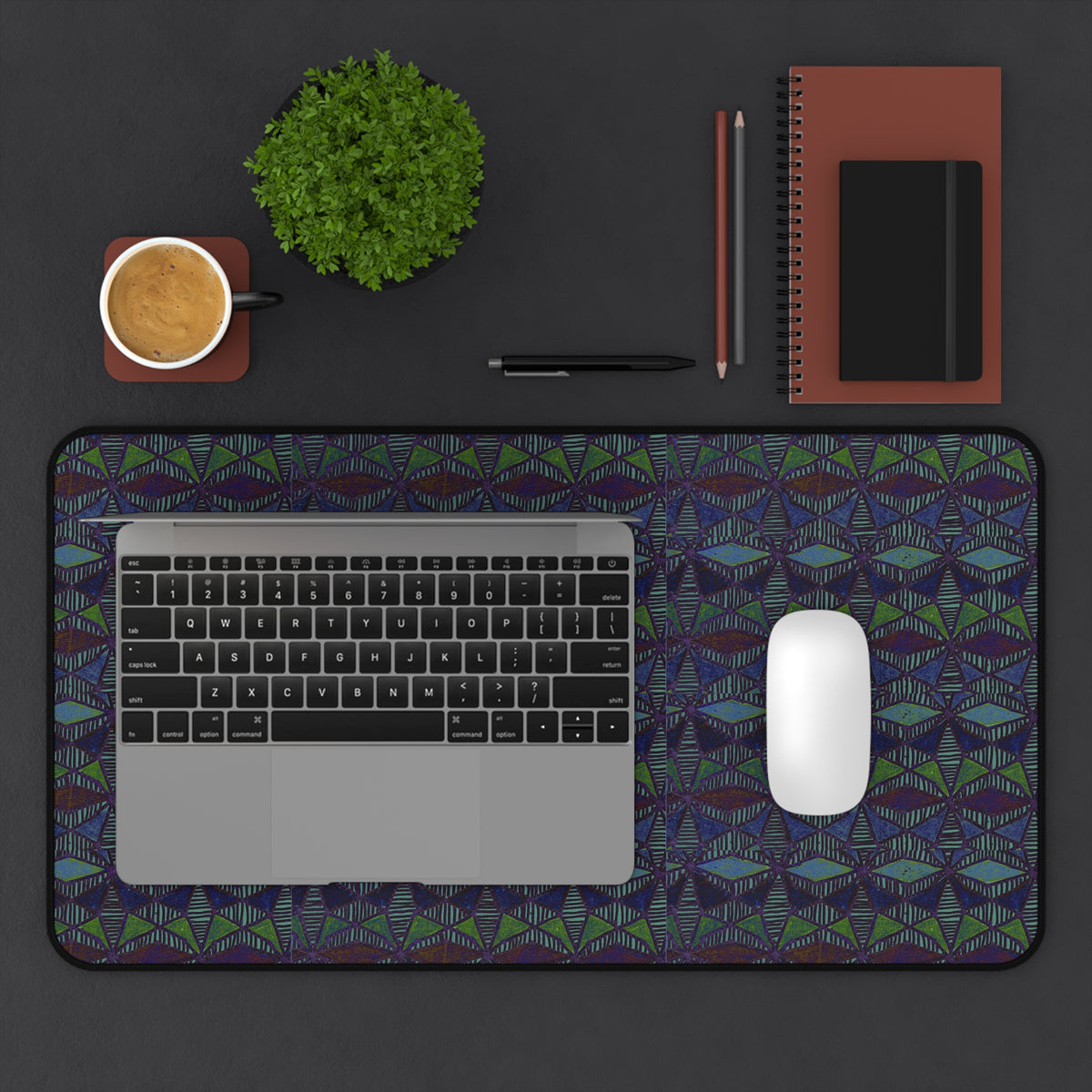 Striped Geometric Desk Mat — Dark Green & Navy Patterned Workspace Pad
