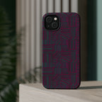 Slim Protective Phone Case With MagSafe, Dual-Layer Impact Protection, Plum Geometric Design, slim side view with protected controls and camera opening; slim protective iphone 16 promax  case.