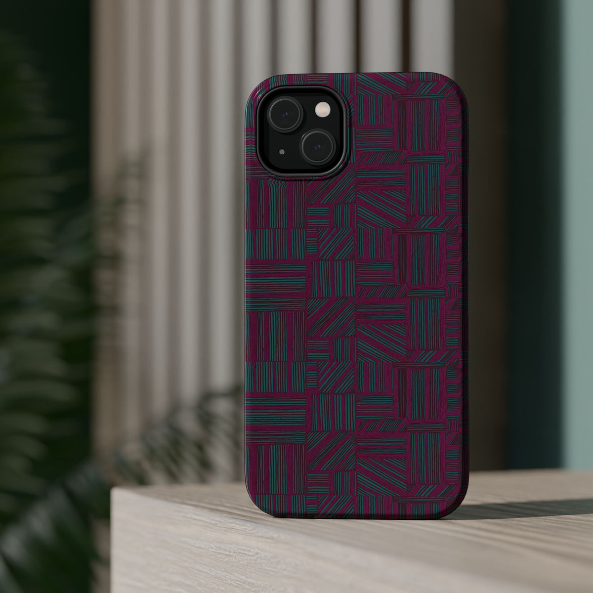 Slim Protective Phone Case With MagSafe, Dual-Layer Impact Protection, Plum Geometric Design, slim side view with protected controls and camera opening; slim protective iphone 16 promax  case.