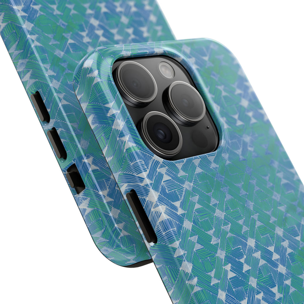 Tough Phone Case — Blue-Green Geometric Watercolor Pattern, shockproof iphone 17 pro case exposed port openings