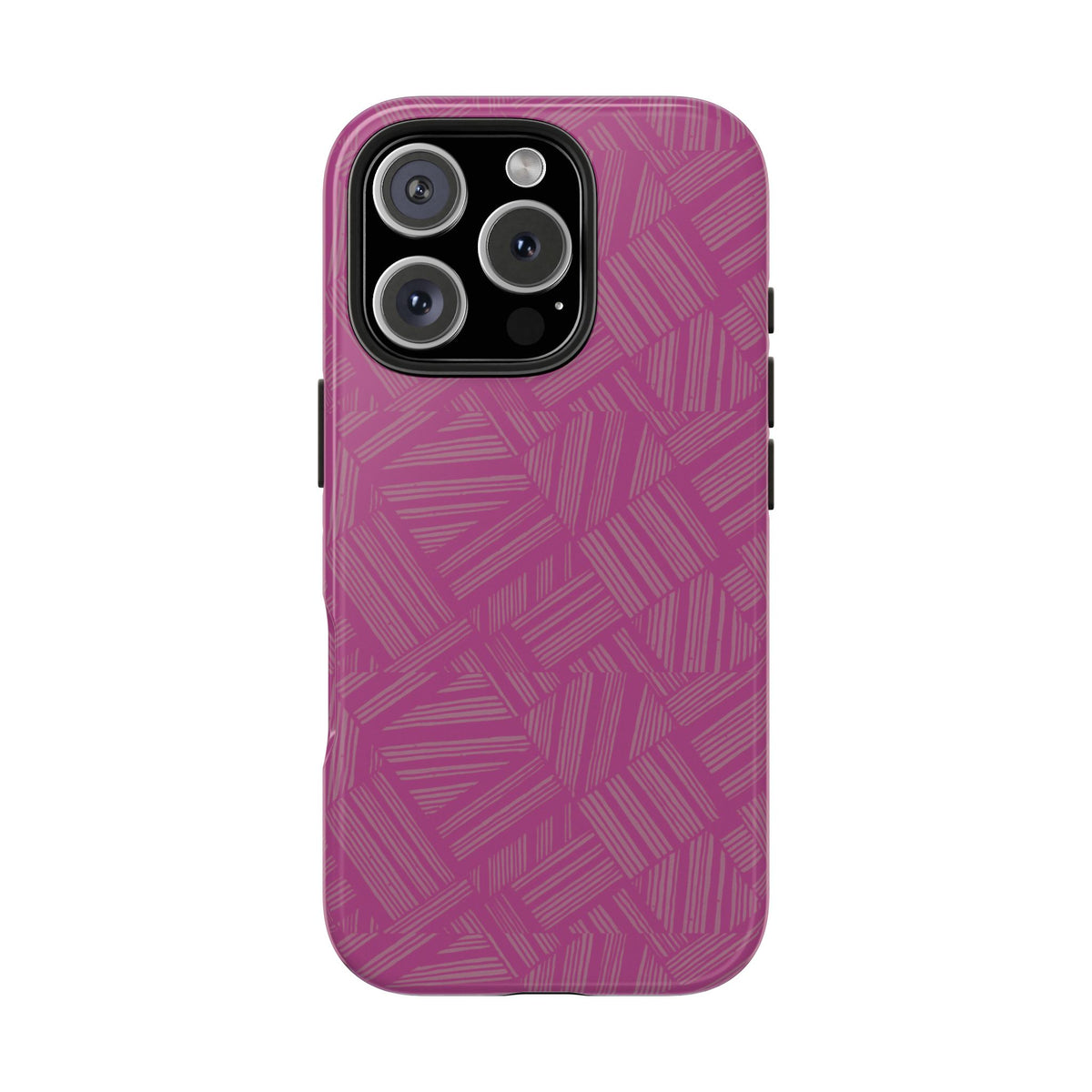 Magenta Geo Pattern Tough Phone Case — Protective Floral-Style Abstract Design, wireless charging iphone 18 pro case with horizontal camera module.