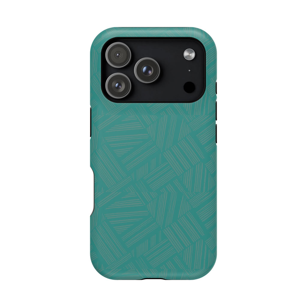 Magnetic Impact-Resistant Phone Case — Teal Geometric Protective Cover, magnetic iphone 18 pro case lifestyle product display