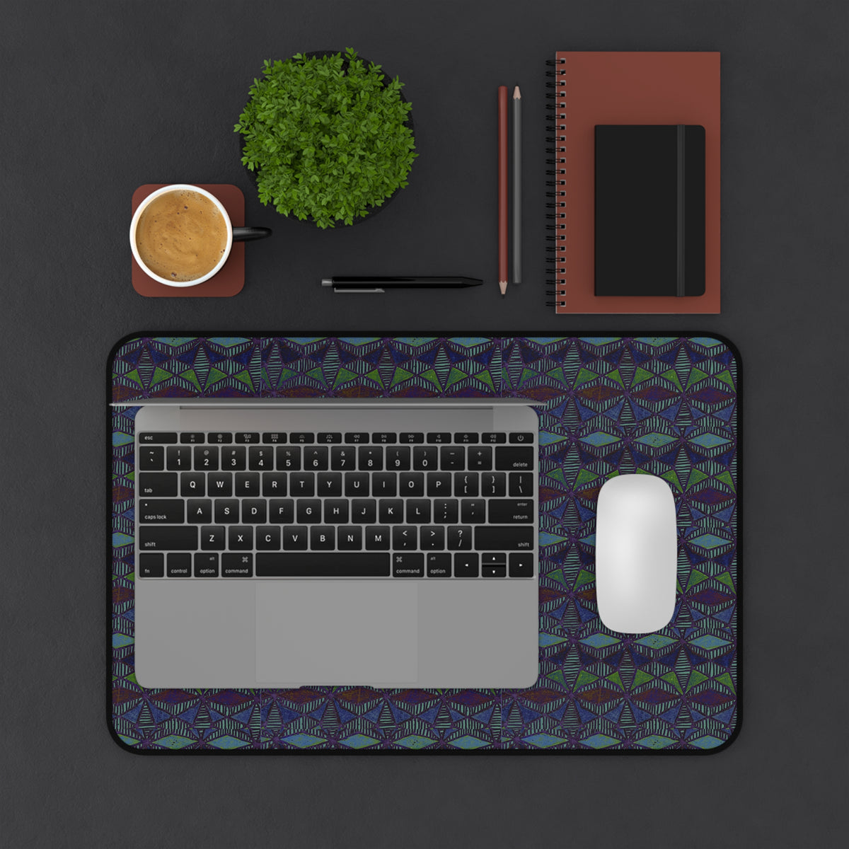Striped Geometric Desk Mat — Dark Green & Navy Patterned Workspace Pad