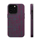 Slim Protective Phone Case With MagSafe, Dual-Layer Impact Protection, Plum Geometric Design, rear view with full-wrap woven geometric artwork; slim protective iphone 16 promax  case.