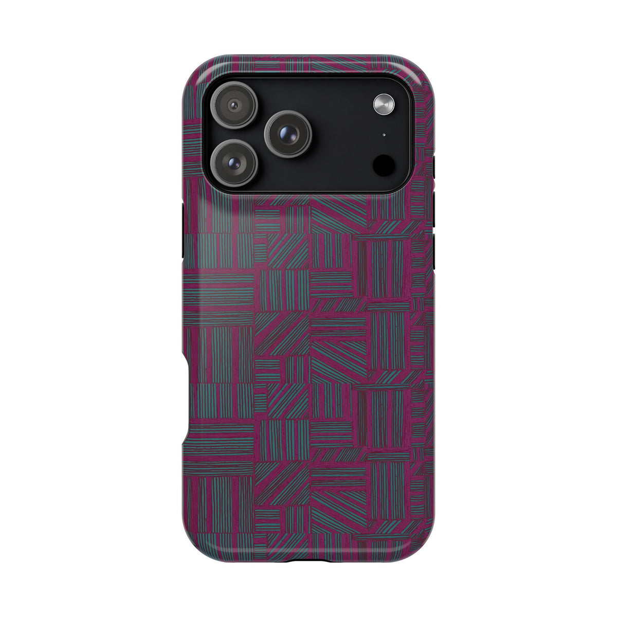 Slim Protective Phone Case With MagSafe, Dual-Layer Impact Protection, Plum Geometric Design, triple-lens camera opening shown in a clean rear view; slim protective iphone 16 promax  case.