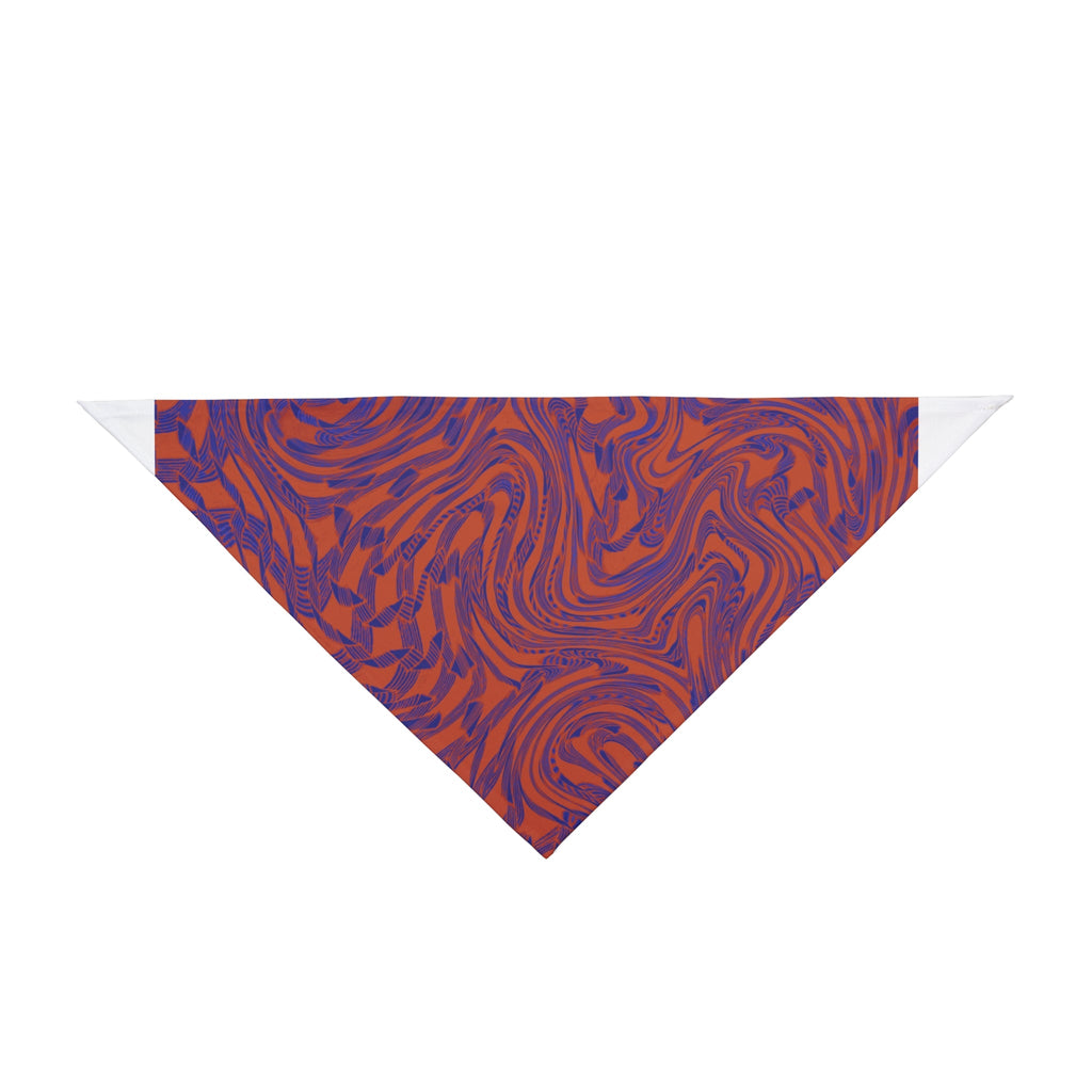 Pet Bandana — Abstract Swirl Purple & Orange Pattern designed for dogs. This stylish pet bandana for dogs features a vibrant swirl design in warm orange and deep purple, making it a perfect accessory for everyday wear, festive occasions, and even Halloween. Ideal for both small dog bandana and large dog bandana wearers, this boho pet wear adds flair to any pet outfit. A great gift for pets to showcase their unique personality.