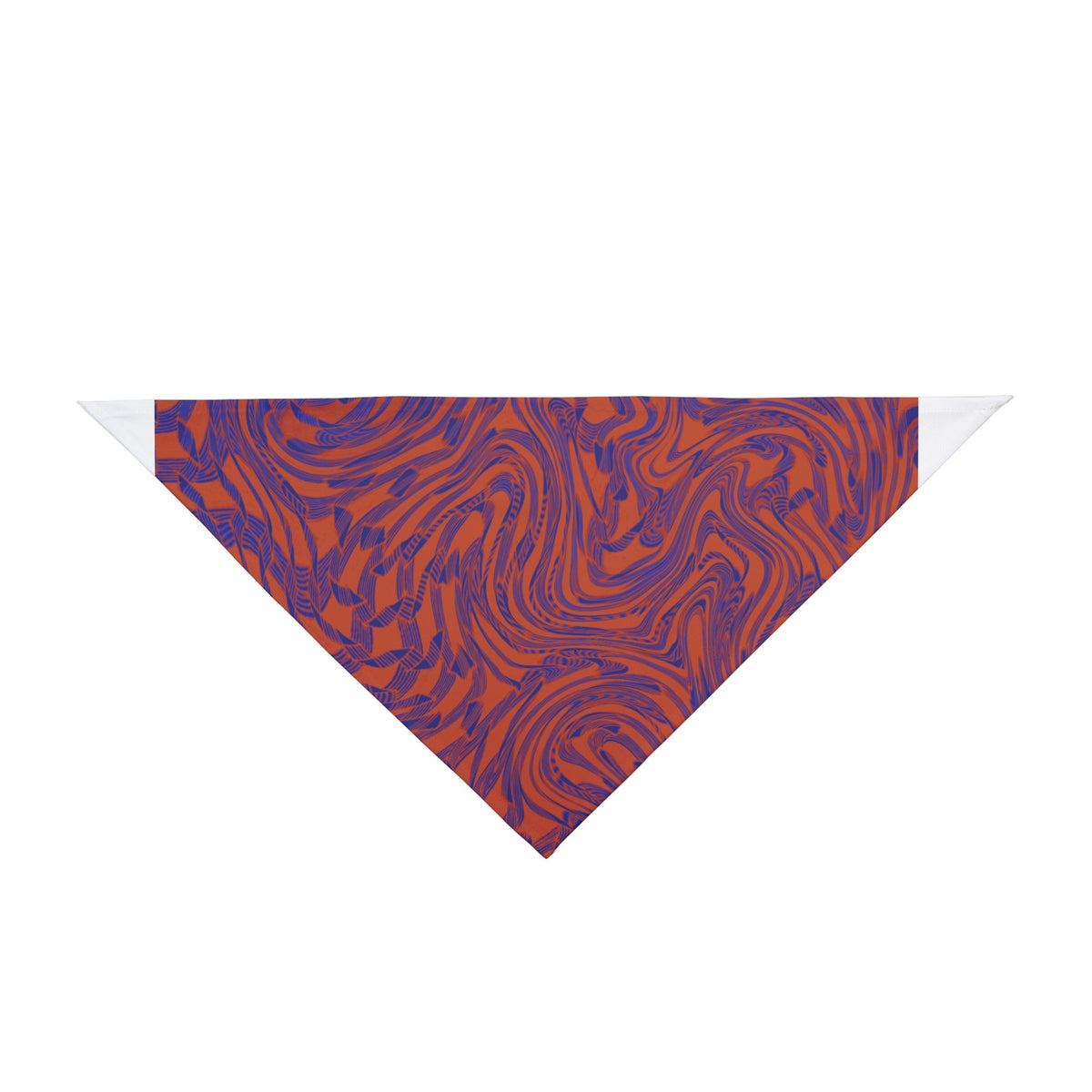 Pet Bandana — Abstract Swirl Purple & Orange Pattern designed for dogs. This stylish pet bandana for dogs features a vibrant swirl design in warm orange and deep purple, making it a perfect accessory for everyday wear, festive occasions, and even Halloween. Ideal for both small dog bandana and large dog bandana wearers, this boho pet wear adds flair to any pet outfit. A great gift for pets to showcase their unique personality.