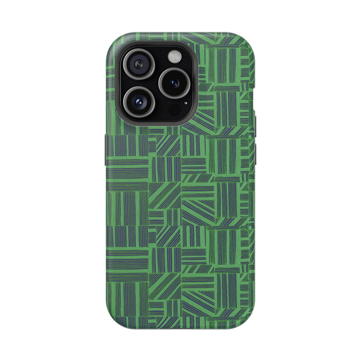 Green Magnetic Phone Case — 2-Layer Geometric MagSafe-Compatible Impact-Resistant Cover, green magnetic phone case- price match with CASETiFY and Casely, green case showing camera and side button access.