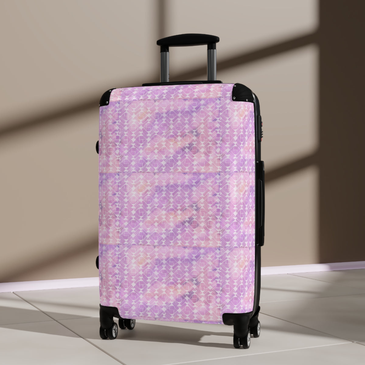 Pink Pastel Pattern Suitcase — Floral Grid Carry-On Luggage