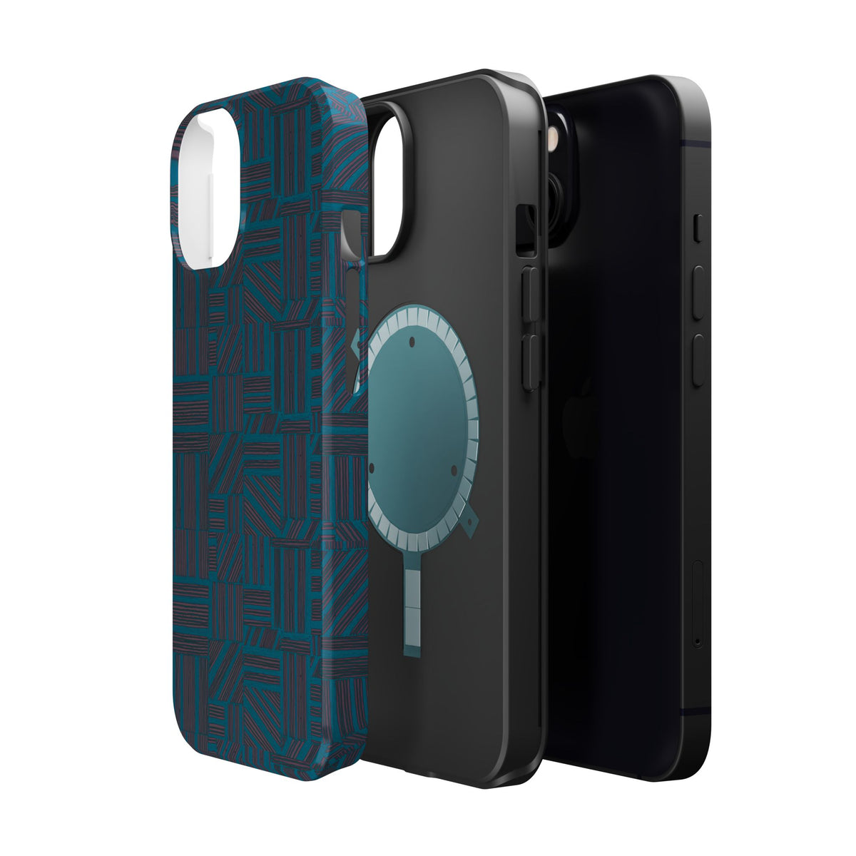 Impact Resistant Phone Case-20% OFF Entire Order, And Free Shipping, Teal Geometric MagSafe exploded case view with magnetic ring; impact resistant iphone 17 case-20% OFF Entire Order, and Free Shipping.
