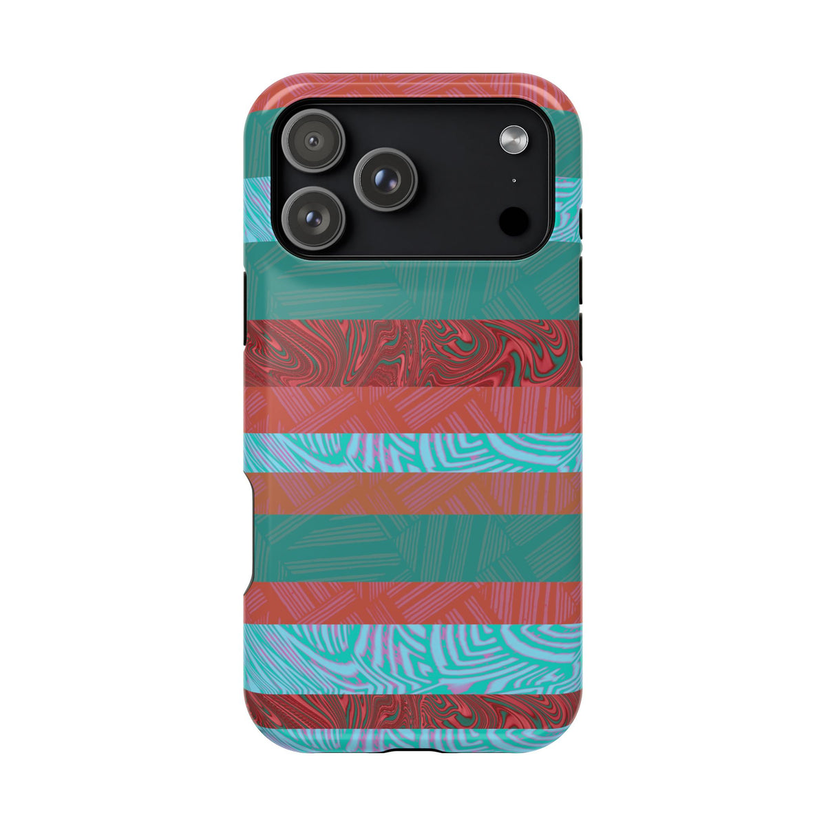 Striped Teal & Coral Magnetic Impact Phone Case exposed camera bar design, Fractyl magsafe compatible iphone 18 pro max case