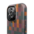 Impact-Resistant Phone Case — Retro Checkerboard Pattern, Fractyl wireless charging iphone 18 pro case shown with detailed side buttons and richly layered printed color.
