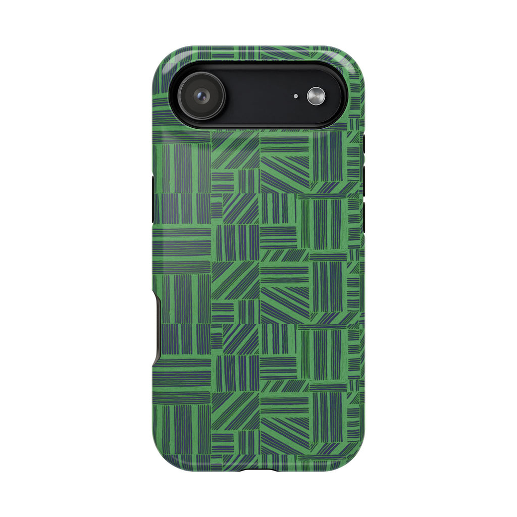 Green Magnetic Phone Case — 2-Layer Geometric MagSafe-Compatible Impact-Resistant Cover, green magnetic phone case- price match with CASETiFY and Casely, exploded view showing patterned shell, inner liner, and phone.