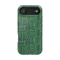 Green Magnetic Phone Case — 2-Layer Geometric MagSafe-Compatible Impact-Resistant Cover, green magnetic phone case- price match with CASETiFY and Casely, exploded view showing patterned shell, inner liner, and phone.