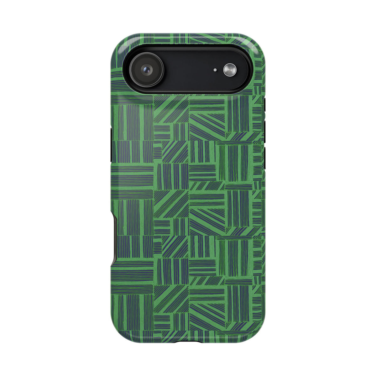 Green Magnetic Phone Case — 2-Layer Geometric MagSafe-Compatible Impact-Resistant Cover, green magnetic phone case- price match with CASETiFY and Casely, exploded view showing patterned shell, inner liner, and phone.