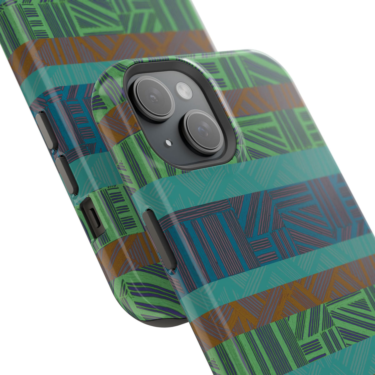 Green Geometric Stripe Phone Case — Impact-Resistant, wireless charging iphone 16 pro max case close-up highlighting the layered protective construction.