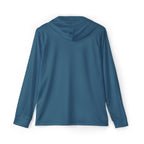 Camo Performance Warmup Hoodie back view showing the solid teal hood and lightweight long sleeves, ideal as a versatile camo hiking hoodie.