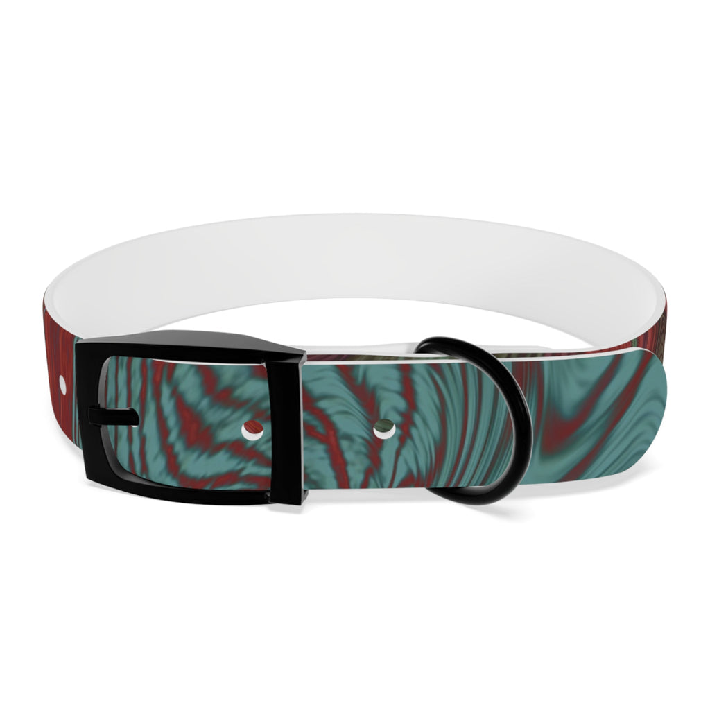 Close-up of the black buckle on the Marbled Swirl Dog Collar — Red & Teal Abstract Pet Collar, showcasing its hypoallergenic dog collar features.