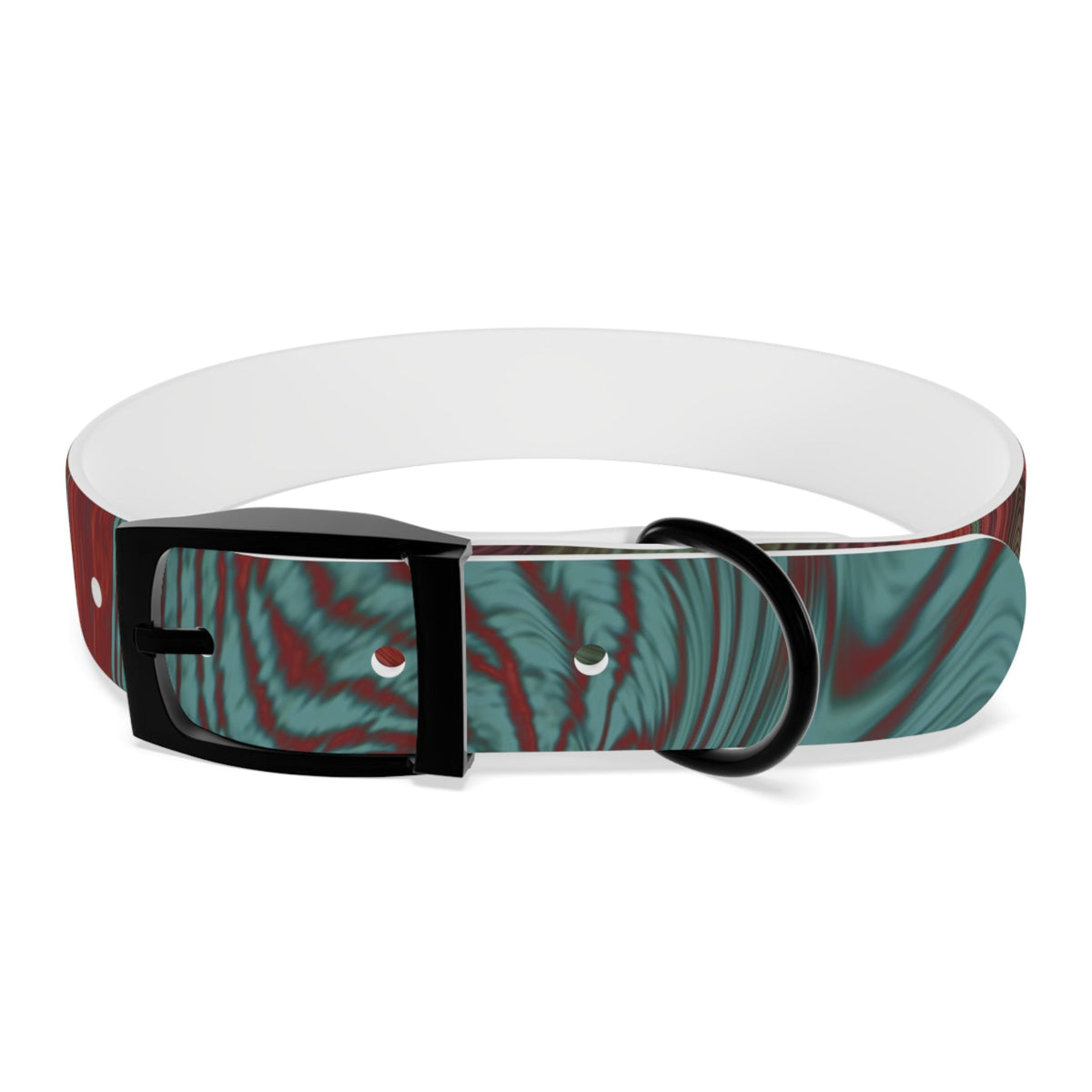 Close-up of the black buckle on the Marbled Swirl Dog Collar — Red & Teal Abstract Pet Collar, showcasing its hypoallergenic dog collar features.