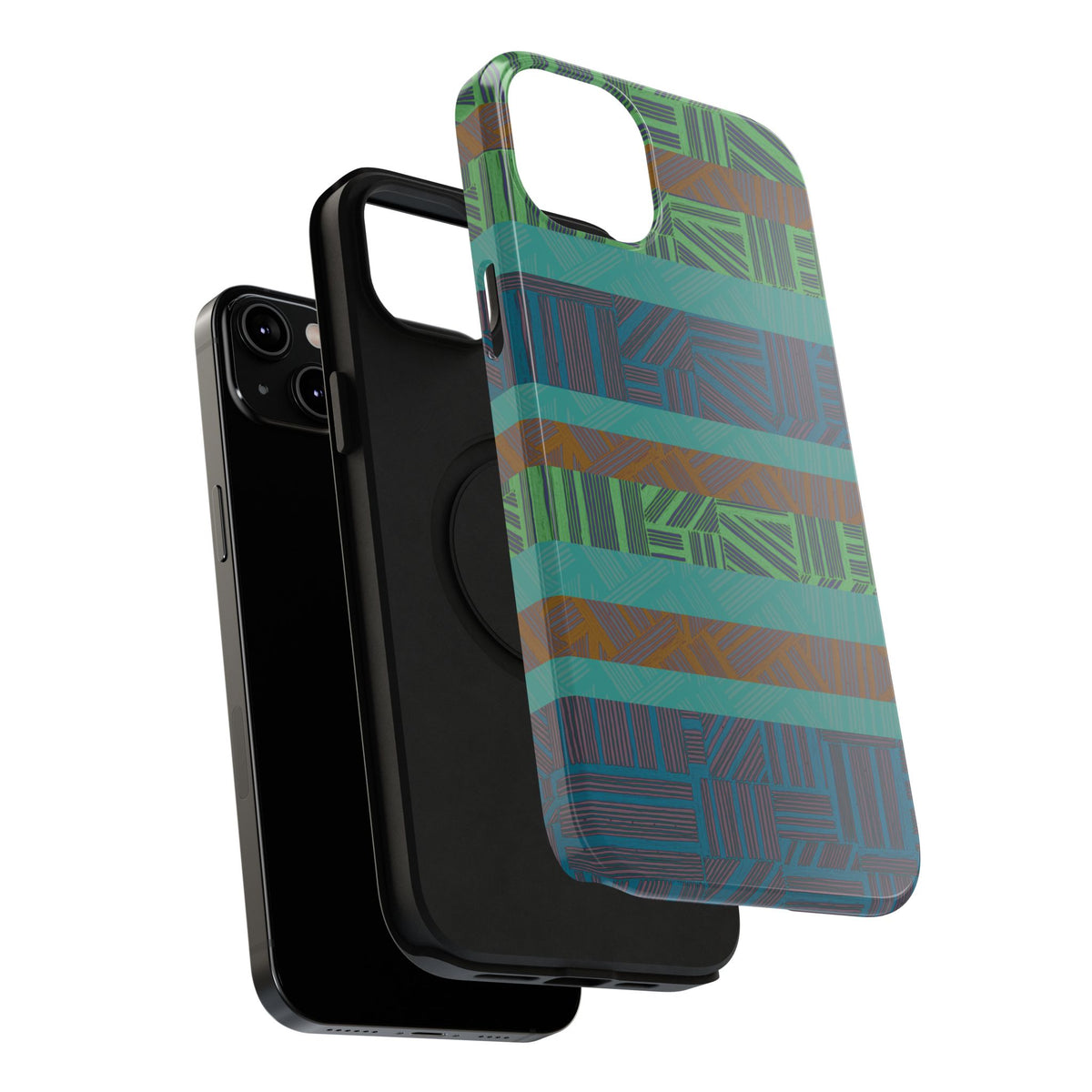 Green Geometric Stripe Phone Case — Impact-Resistant, wireless charging iphone 16 pro max case with vivid green geometric print and reinforced edges.