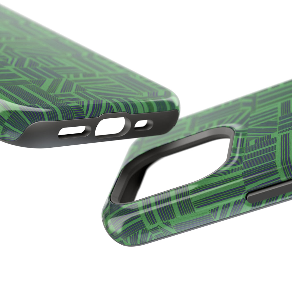 Green Magnetic Phone Case — 2-Layer Geometric MagSafe-Compatible Impact-Resistant Cover, green magnetic phone case- price match with CASETiFY and Casely, detailed view of camera protection and geometric print.