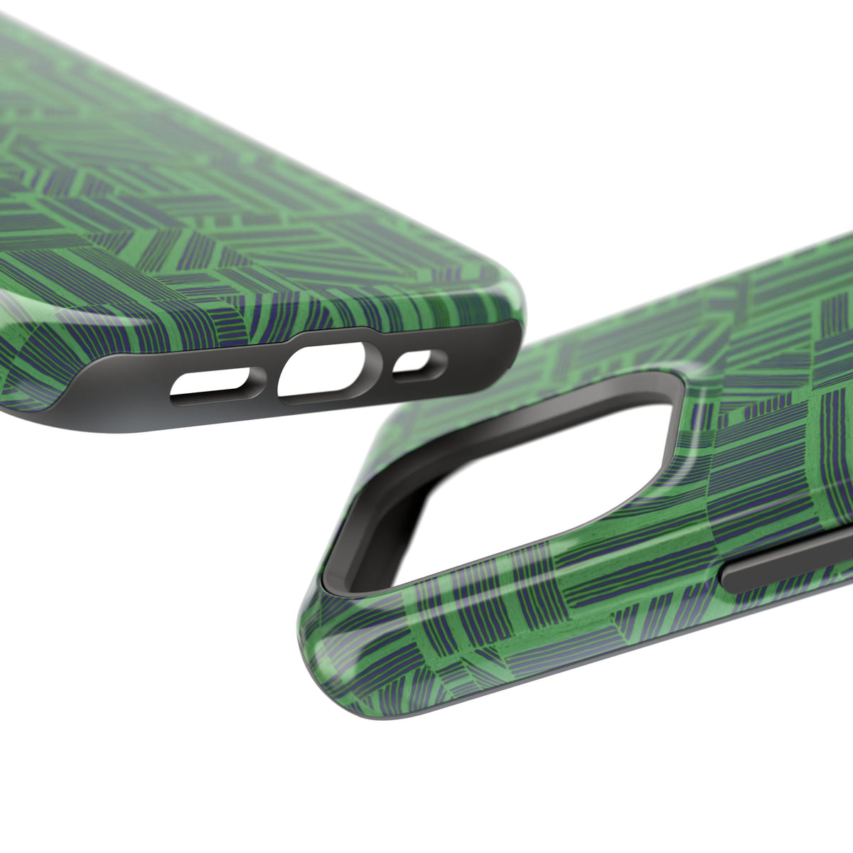 Green Magnetic Phone Case — 2-Layer Geometric MagSafe-Compatible Impact-Resistant Cover, green magnetic phone case- price match with CASETiFY and Casely, detailed view of camera protection and geometric print.
